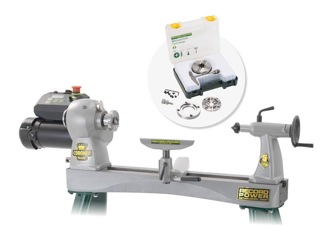 Coronet Herald Lathe and SC3 Geared Scroll Chuck Package
